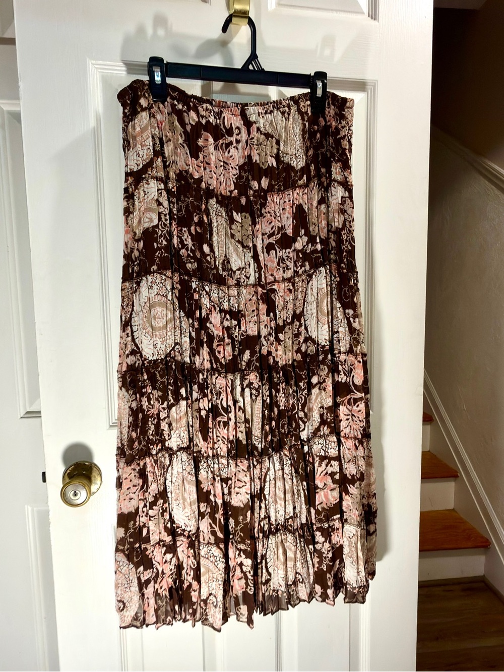 Emma James Brown Floral Tiered Maxi Skirt with Pink Accents
